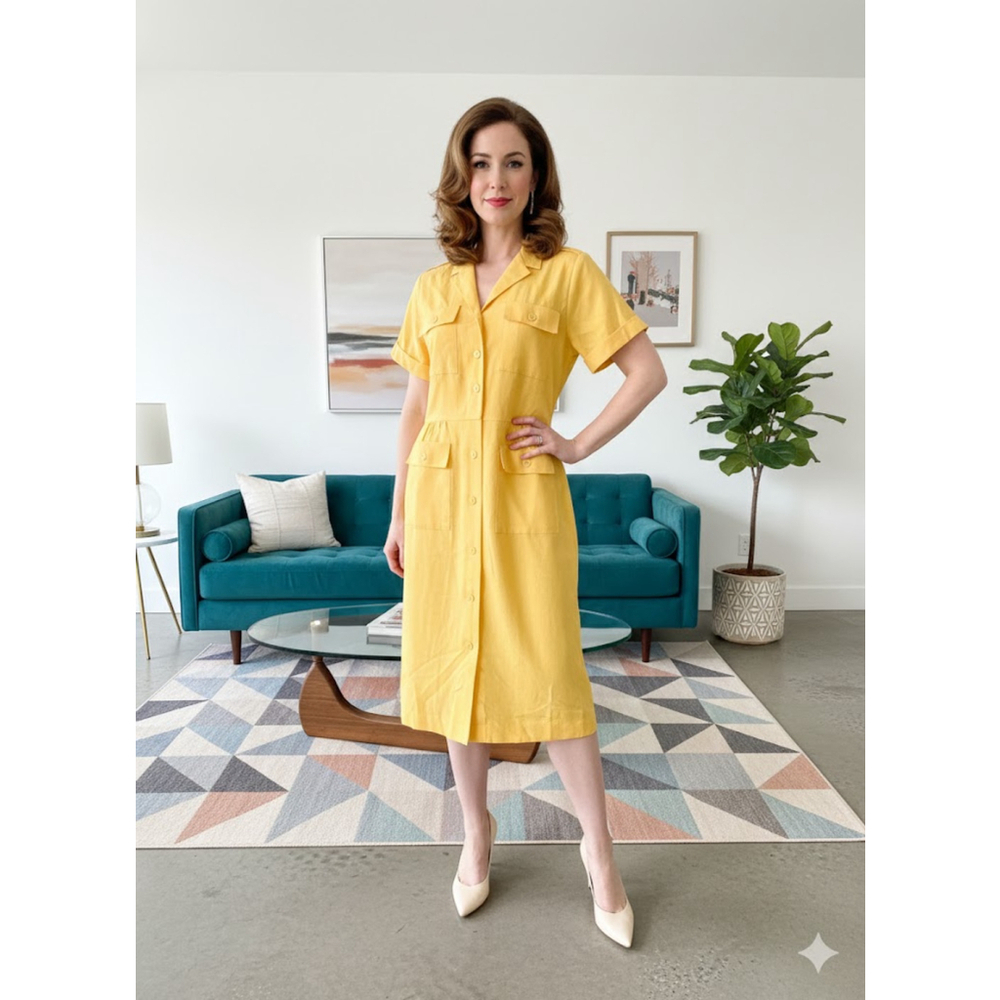 Vintage J Ellis Yellow Safari Shirt Dress Size 16
